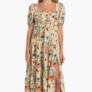 ASTR The Label Floral Puff-Sleeve Tiered Midi Dress Size M Cottagecore Boho